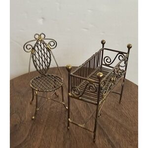 Vintage Wire Miniature Dollhouse Furniture Nursery Cradle Crib Chair Bronze Baby
